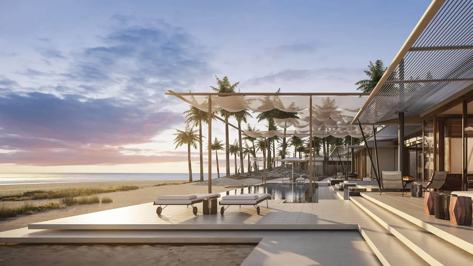 Poolside lounge at Amanvari Opens August 2026: Aman's First Mexico Resort Lands on Baja's East Cape with cabanas, at dusk